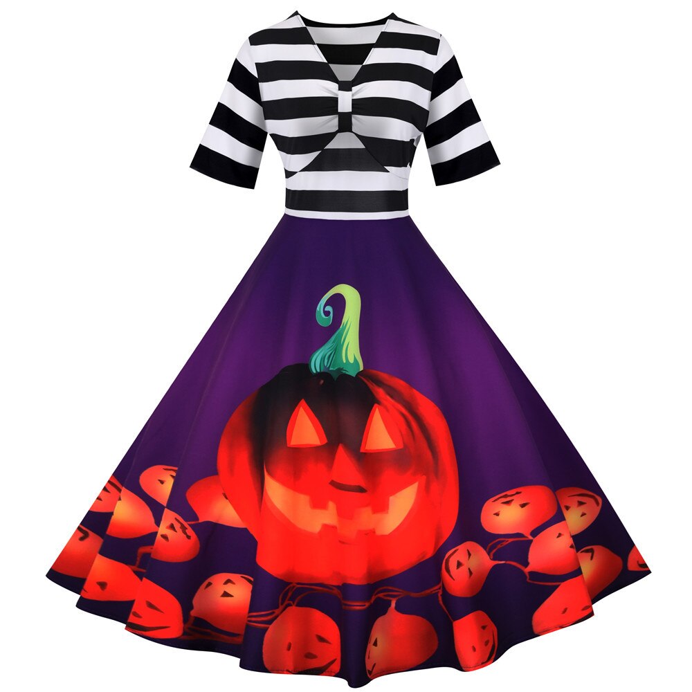 Halloween midi jurk – vintage pompoenschommel kostuum voor dames, comfortabele pasvorm met speels en feestelijk design, ideaal voor Halloween en verkleedfeesten.