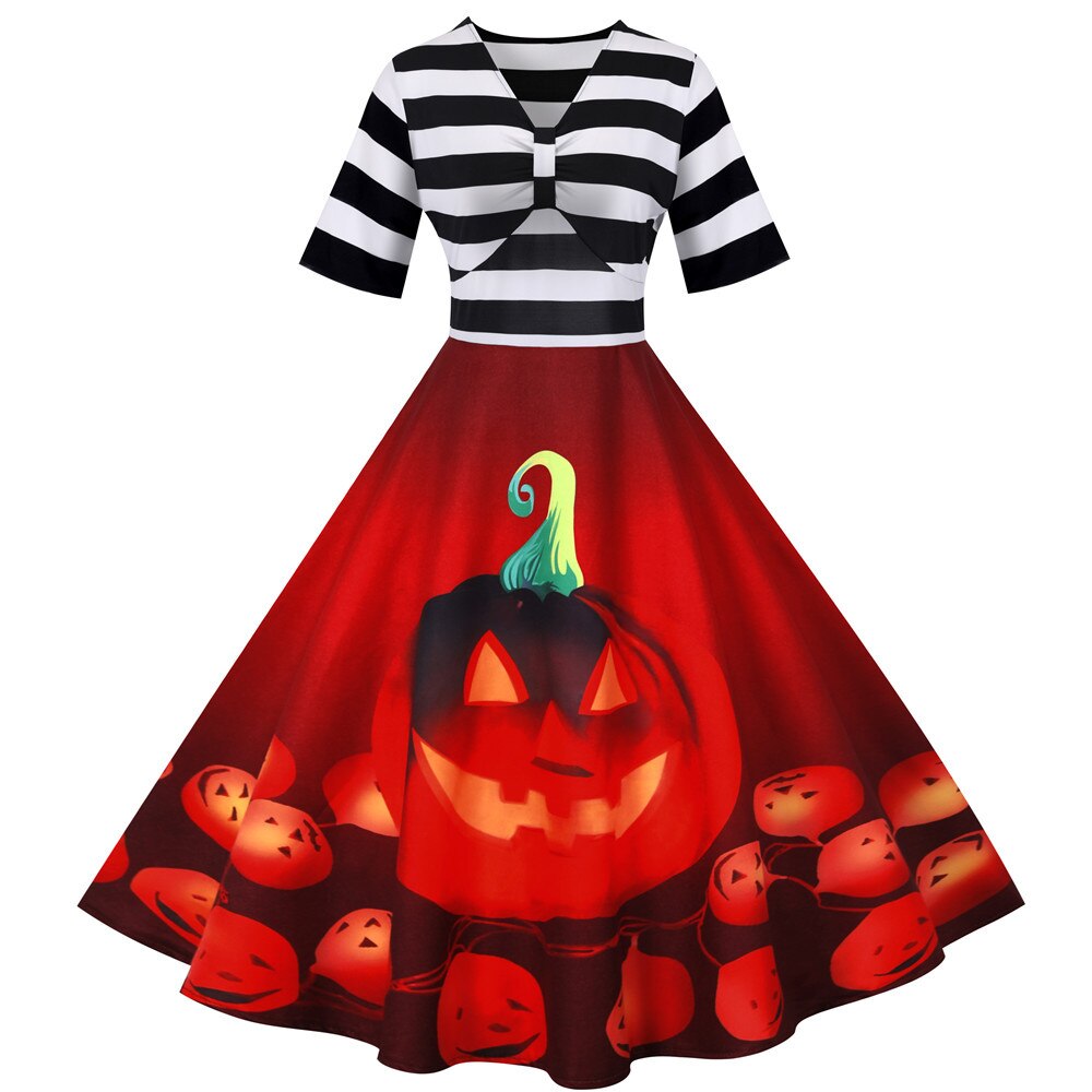 Halloween midi jurk – vintage pompoenschommel kostuum voor dames, comfortabele pasvorm met speels en feestelijk design, ideaal voor Halloween en verkleedfeesten.