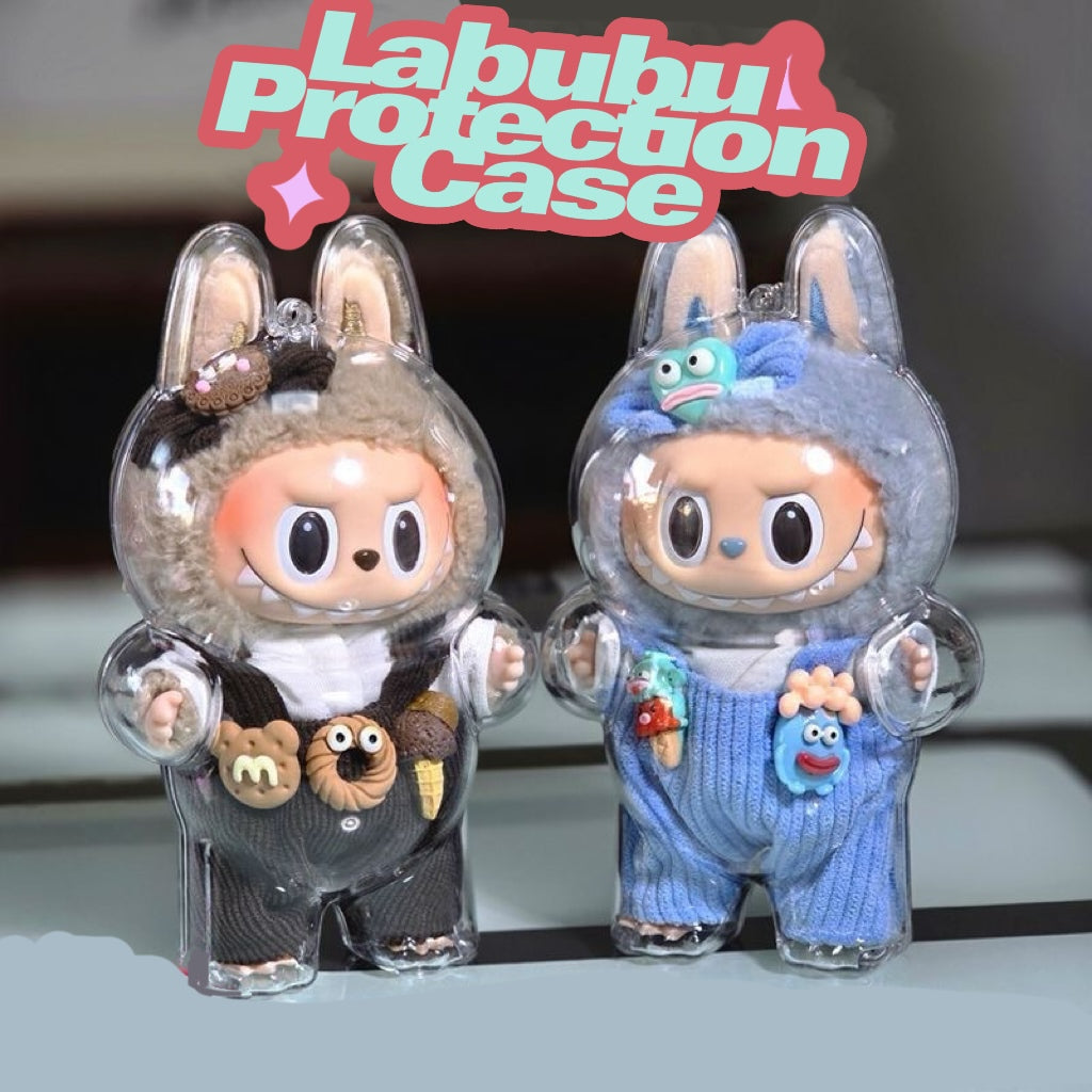 Transparante beschermhoes voor Labubu knuffels – display case voor stofvrije en veilige presentatie van verzamelobjecten.
