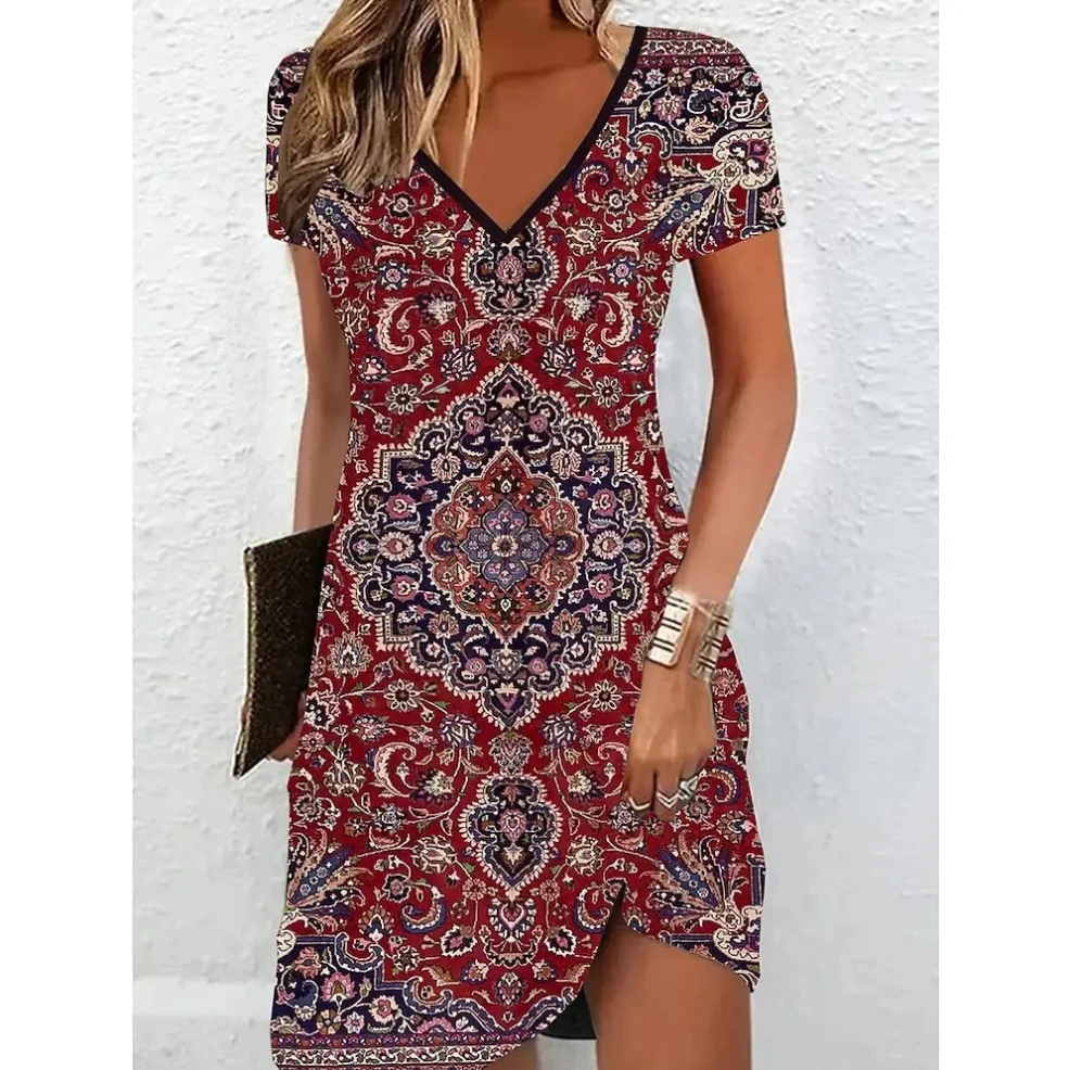 Asymmetrische Midi Jurk met V-Hals en Print