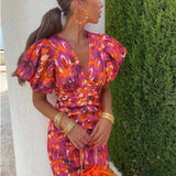 Dames Midi Jurk met Abstracte Print en V-Hals