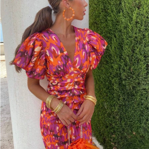 Dames Midi Jurk met Abstracte Print en V-Hals