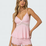 Dames Tweedelige Pyjamaset met Kant en Shorts