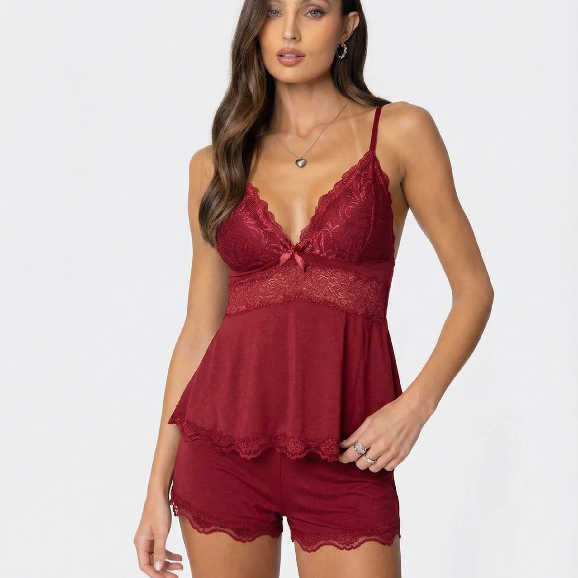 Dames Tweedelige Pyjamaset met Kant en Shorts