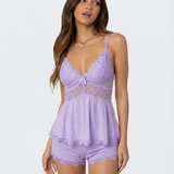 Dames Tweedelige Pyjamaset met Kant en Shorts