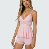 Dames Tweedelige Pyjamaset met Kant en Shorts
