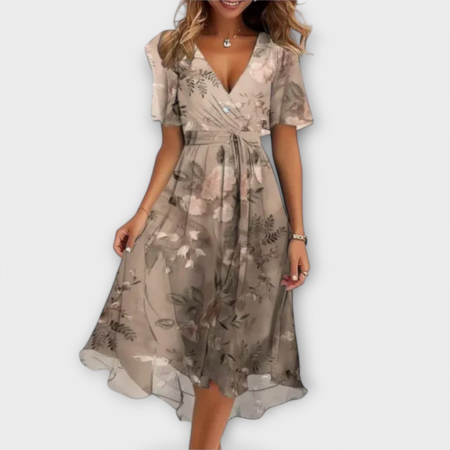 Dames Midi Jurk met V-hals en Bloemenprint