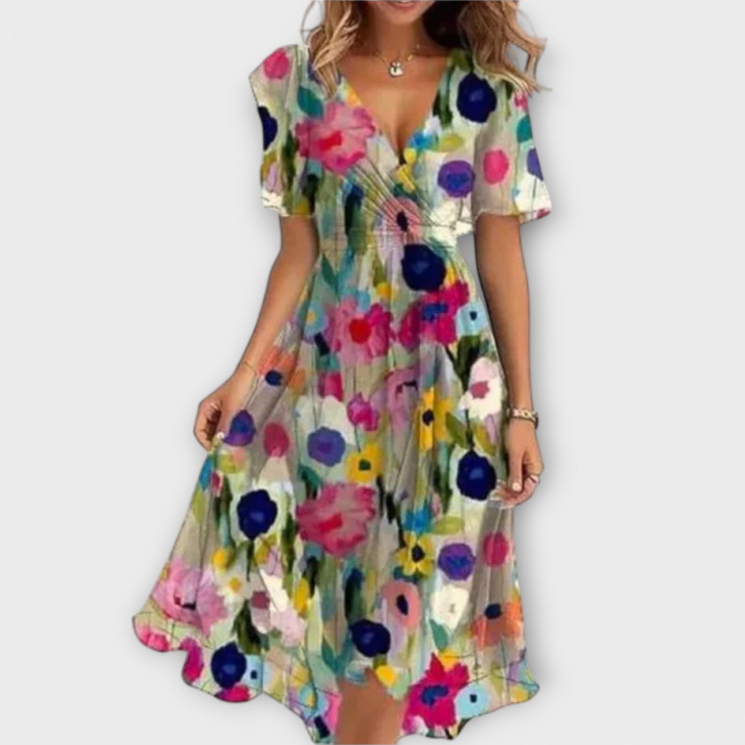 Dames Midi Jurk met V-hals en Bloemenprint