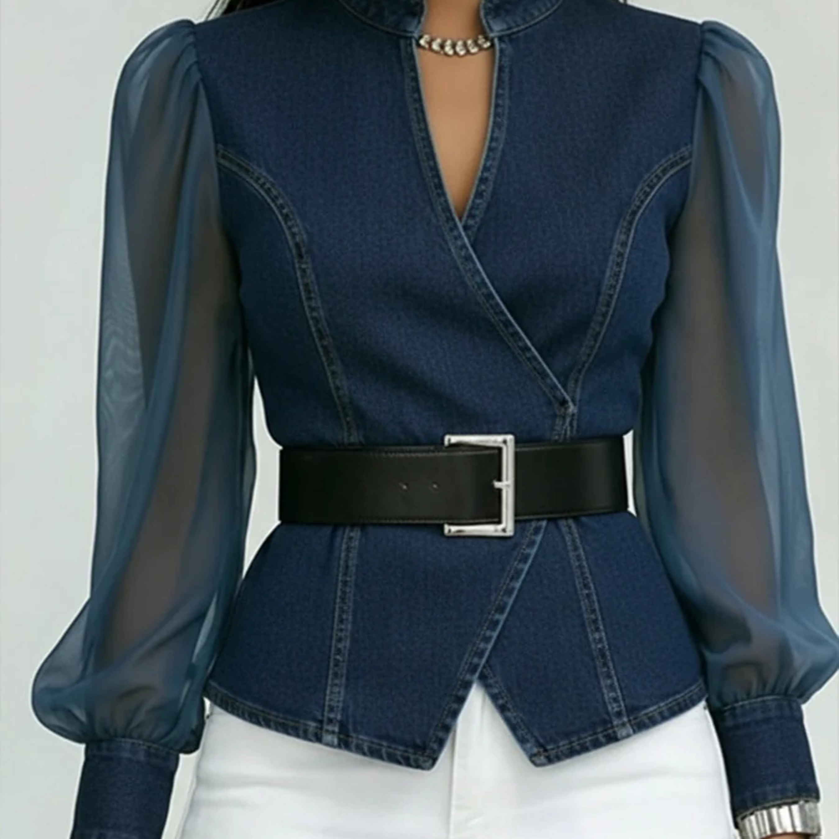 Dames Blouse met Transparante Mouwen en Tailleceintuur