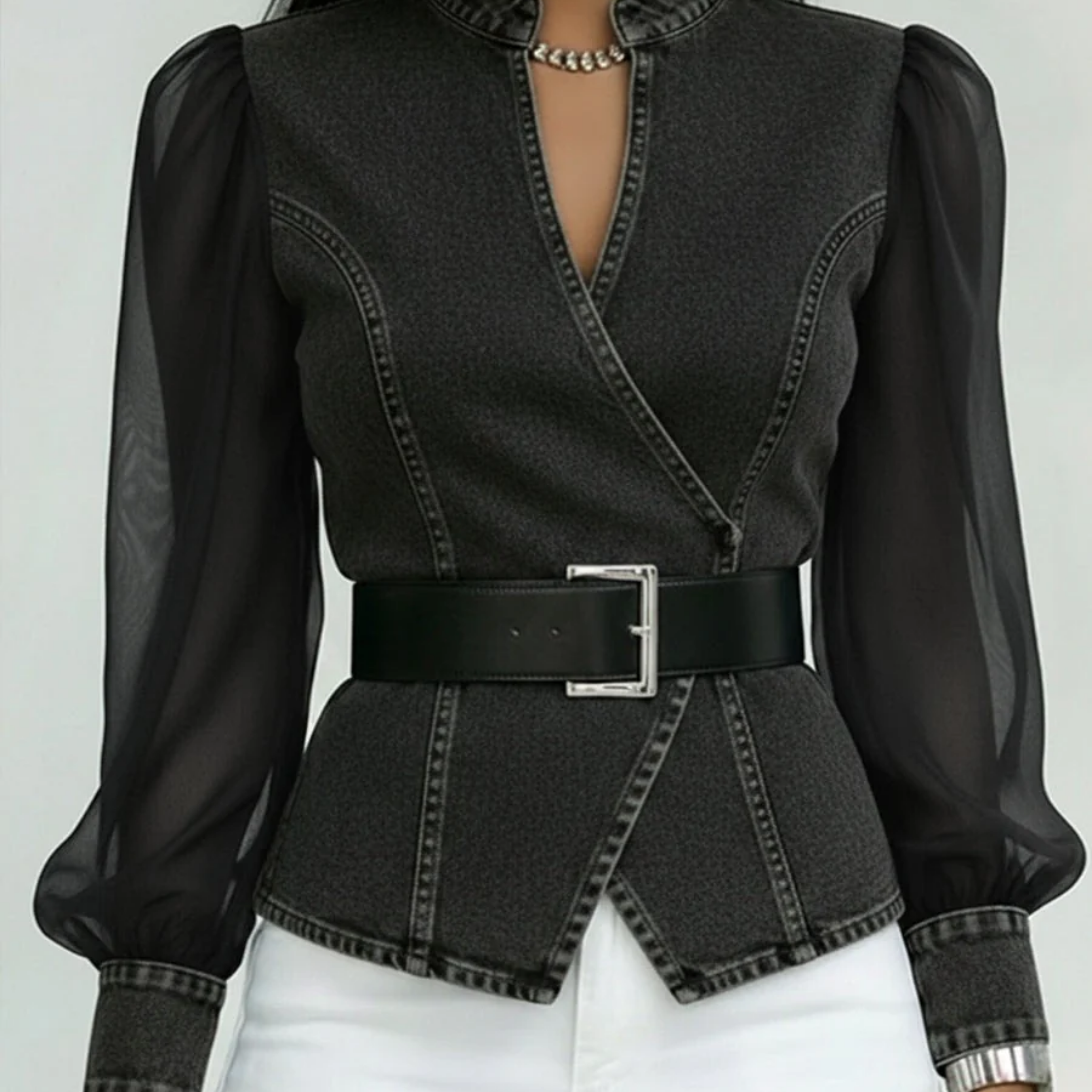 Dames Blouse met Transparante Mouwen en Tailleceintuur