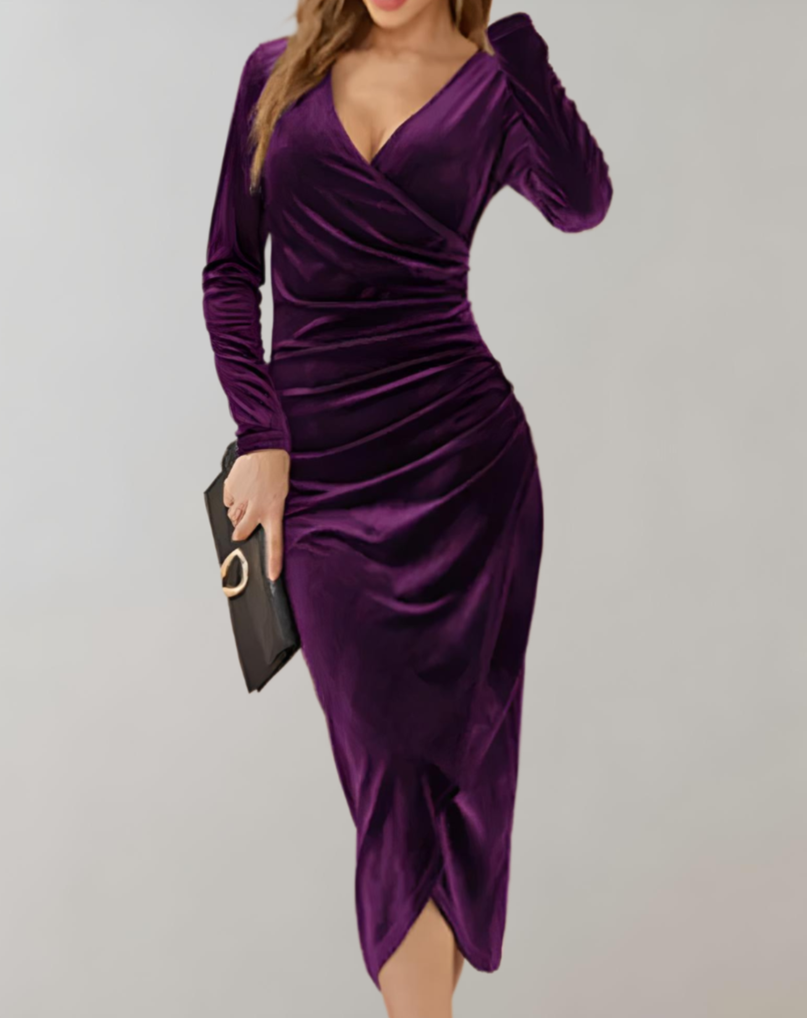 Chaveli - Fluwelen bodycon wikkeljurk met lange mouwen en V-hals, voor een elegante en vrouwelijke uitstraling.