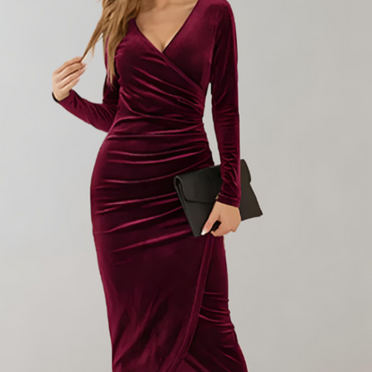 Chaveli - Fluwelen bodycon wikkeljurk met lange mouwen en V-hals, voor een elegante en vrouwelijke uitstraling.