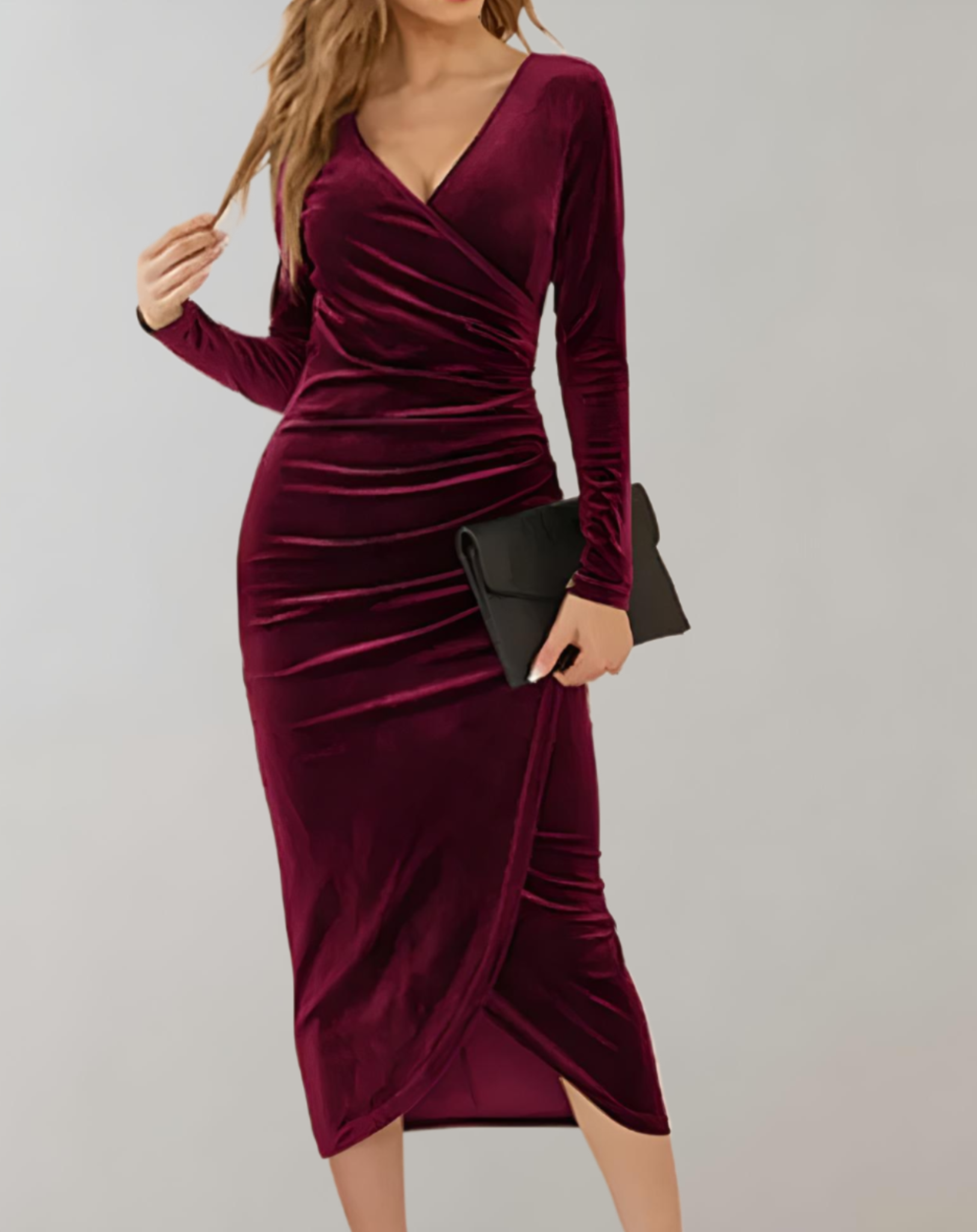 Chaveli - Fluwelen bodycon wikkeljurk met lange mouwen en V-hals, voor een elegante en vrouwelijke uitstraling.