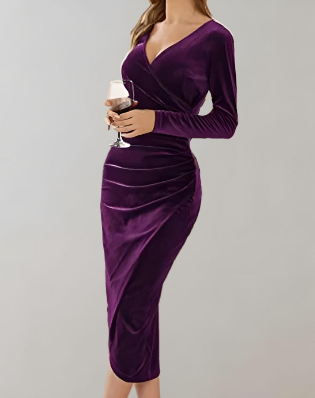 Chaveli - Fluwelen bodycon wikkeljurk met lange mouwen en V-hals, voor een elegante en vrouwelijke uitstraling.