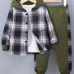 MiniStyle jongens set met geruite hoodie en bijpassende trainingsbroek, gemaakt van zachte, comfortabele stof – perfecte casual outfit voor dagelijks dragen en spelen.