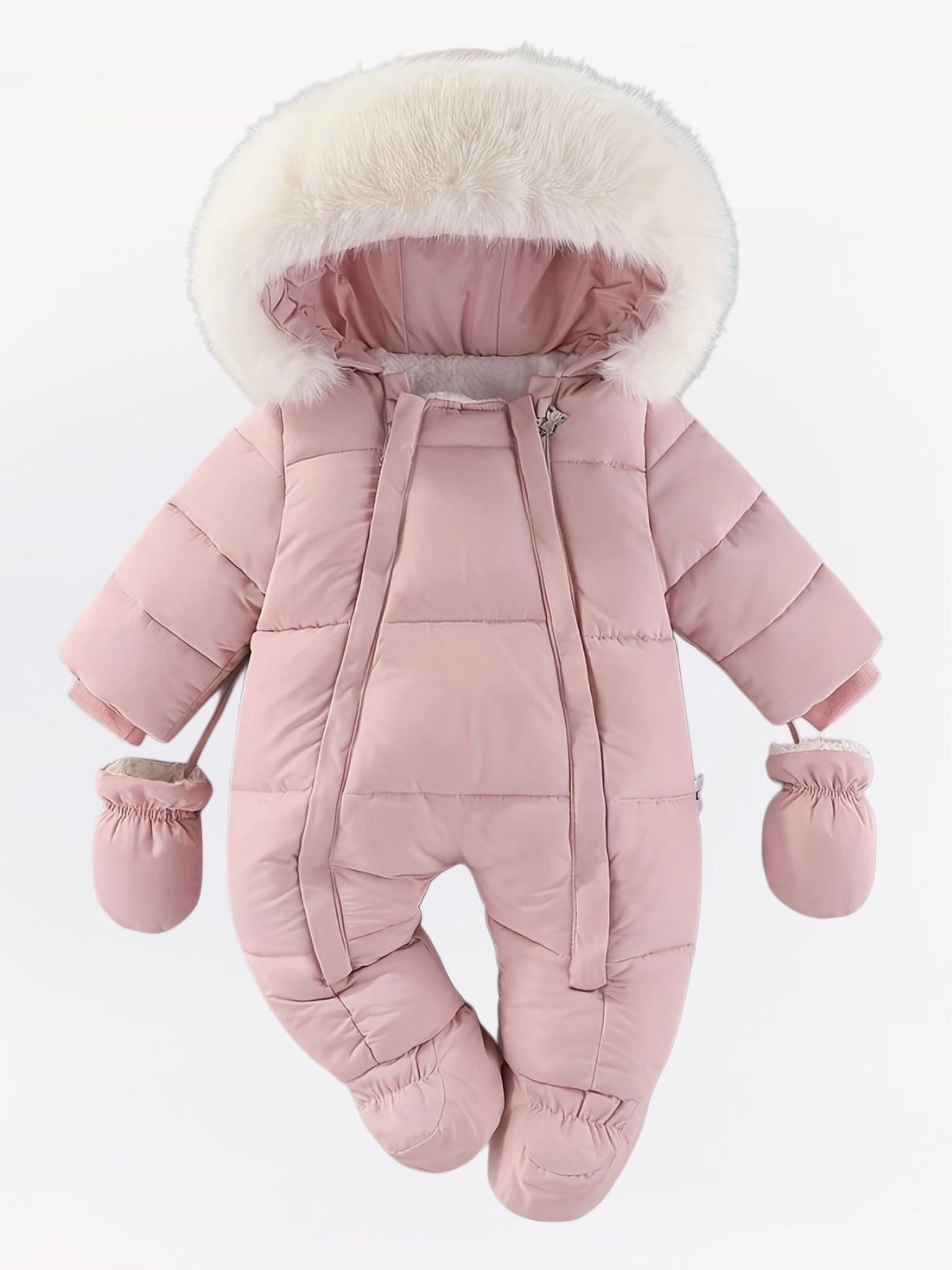 CozyBaby luxe winterjas jumpsuit met capuchon, gemaakt van zachte en warme stof – ideale comfortabele en beschermende outfit voor koude winterdagen.
