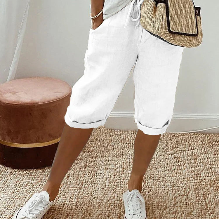 Dames Capri Broek met Omslag en Elastische Taille