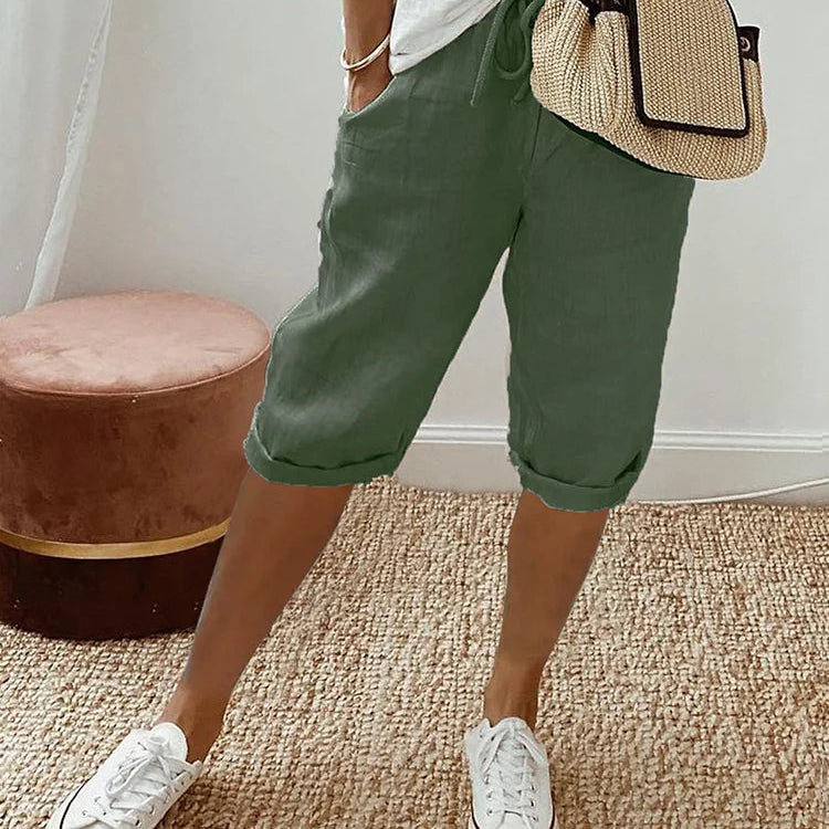 Dames Capri Broek met Omslag en Elastische Taille