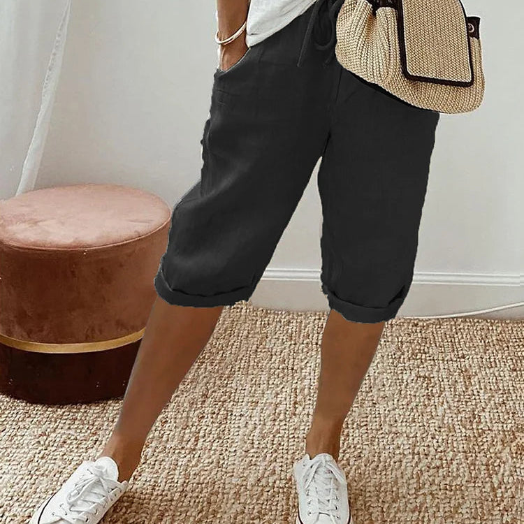 Dames Capri Broek met Omslag en Elastische Taille