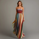 Dames Strapless Maxi Jurk met Gestreepte Rok