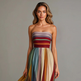 Dames Strapless Maxi Jurk met Gestreepte Rok