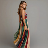Dames Strapless Maxi Jurk met Gestreepte Rok
