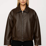 Leren Look Jas met Rits en Klassieke Kraag
