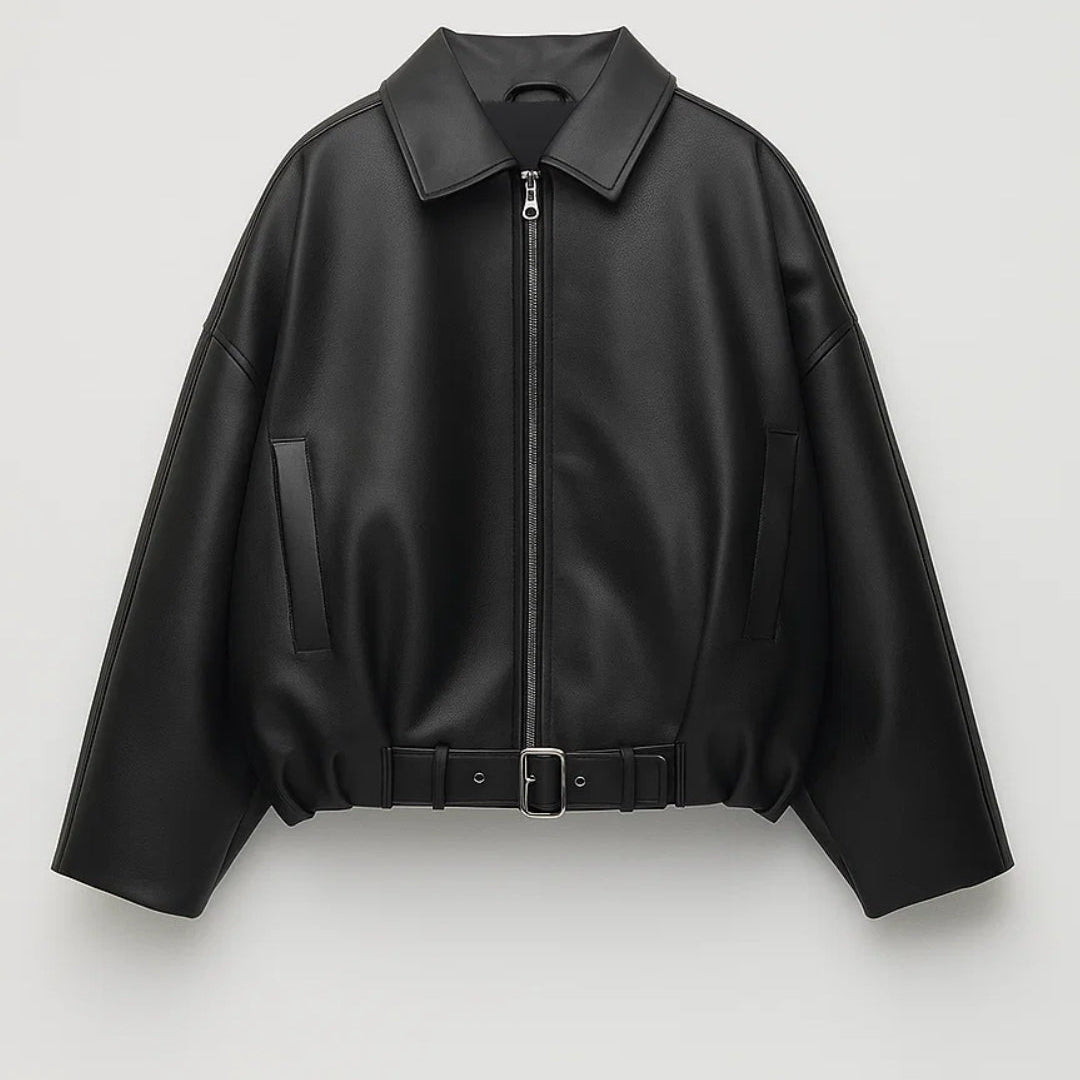 Leren Look Jas met Rits en Klassieke Kraag