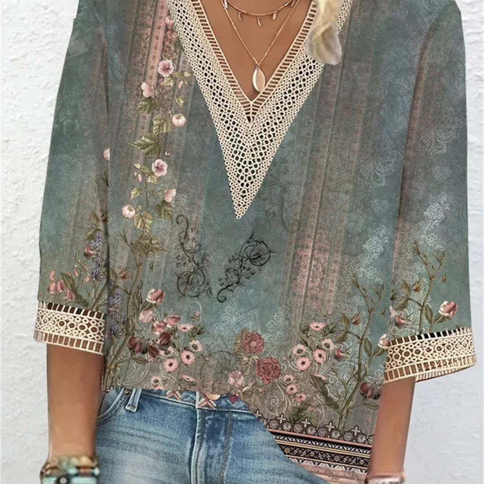Bohemian Blouse met V-Hals en Print