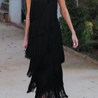 Elegante Fringe Midi Jurk met One Shoulder