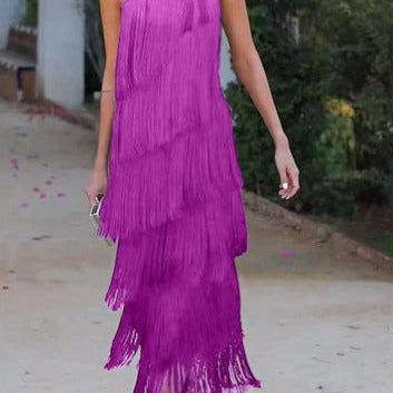 Elegante Fringe Midi Jurk met One Shoulder
