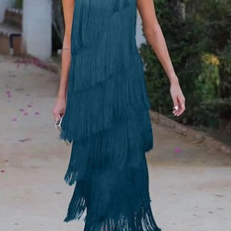 Elegante Fringe Midi Jurk met One Shoulder