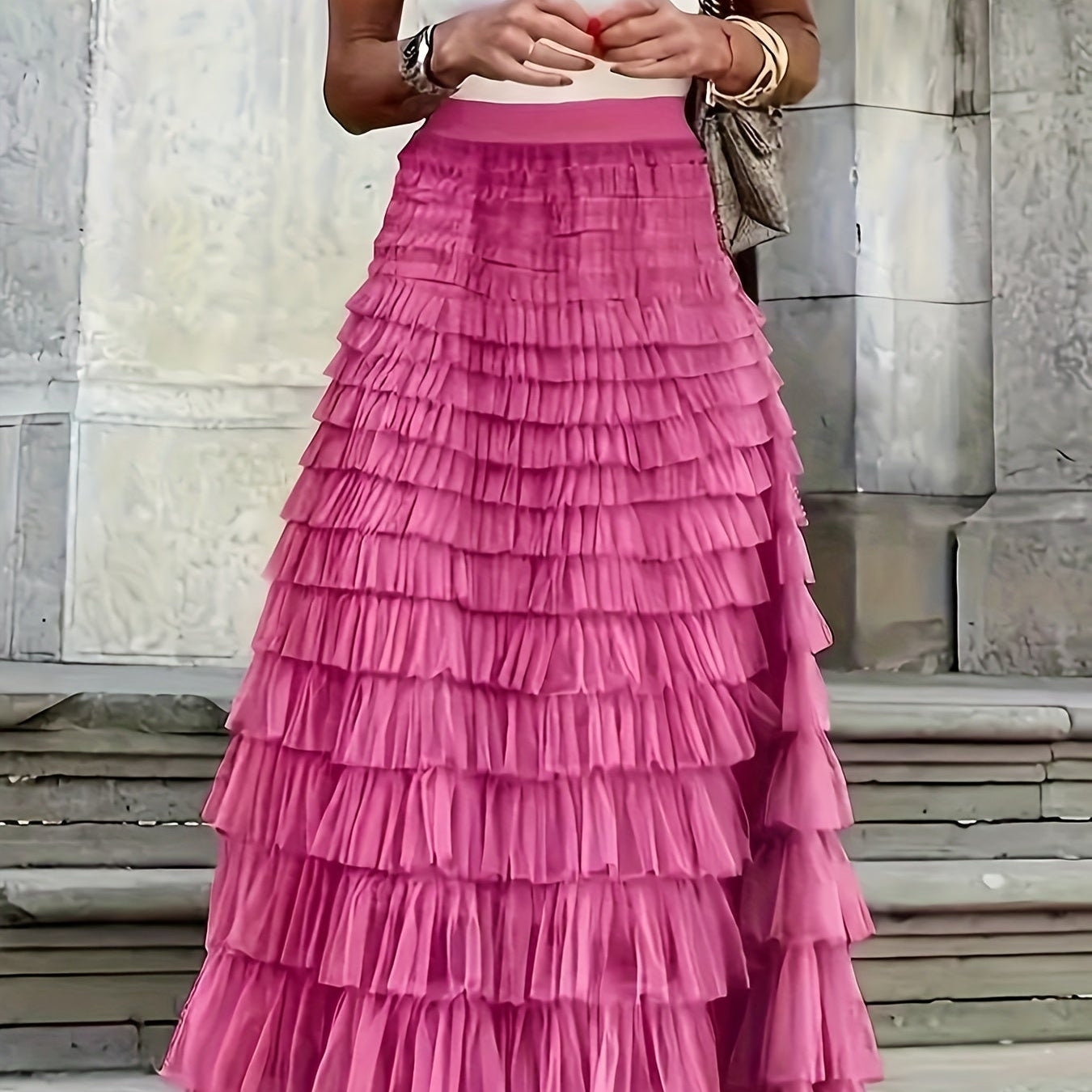 Gelaagde Maxi Rok met Ruffles en Hoge Taille
