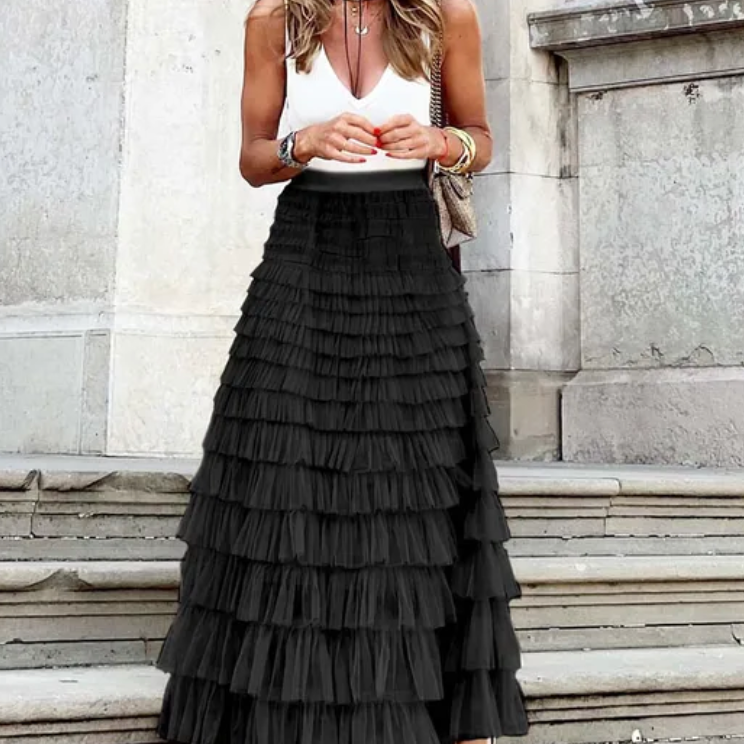 Gelaagde Maxi Rok met Ruffles en Hoge Taille