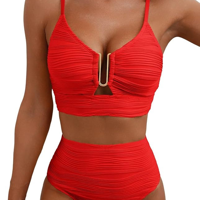 Dames Tweedelige Bikini met Rits en Hoge Taille
