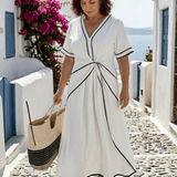 Dames Maxi Jurk met Contrasterende Bies en Strikceintuur