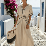 Dames Maxi Jurk met Contrasterende Bies en Strikceintuur