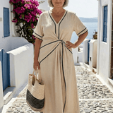 Dames Maxi Jurk met Contrasterende Bies en Strikceintuur