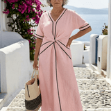 Dames Maxi Jurk met Contrasterende Bies en Strikceintuur