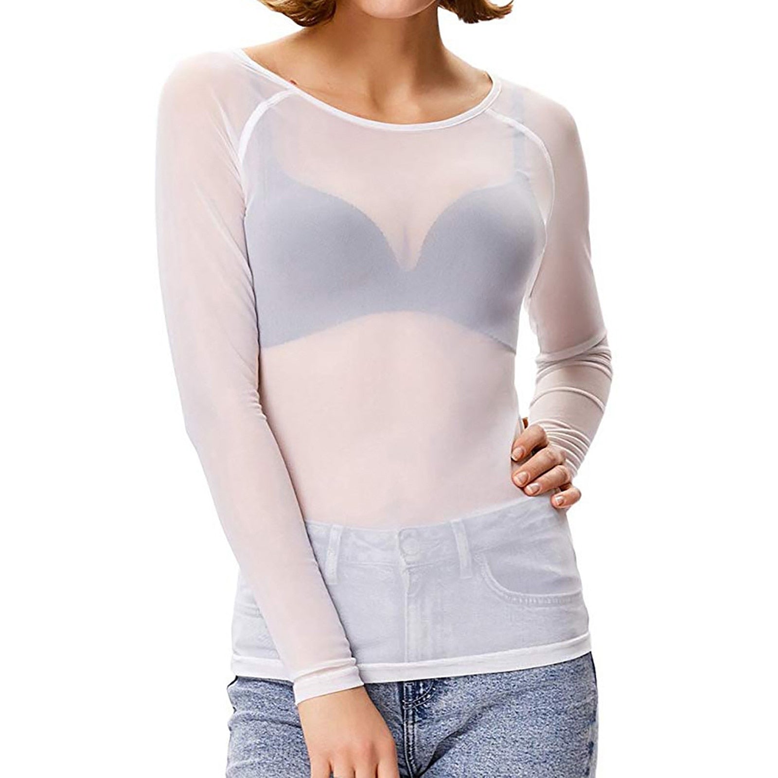 Dames Transparante Mesh Top met Lange Mouwen