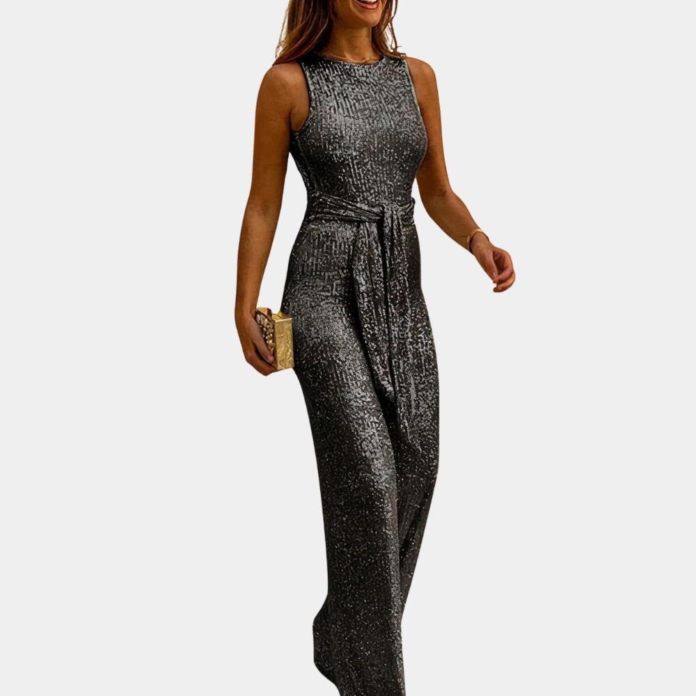 Clara glitter jumpsuit – stijlvolle dameslook met elegante pasvorm, sprankelend design en perfect voor feestelijke gelegenheden.