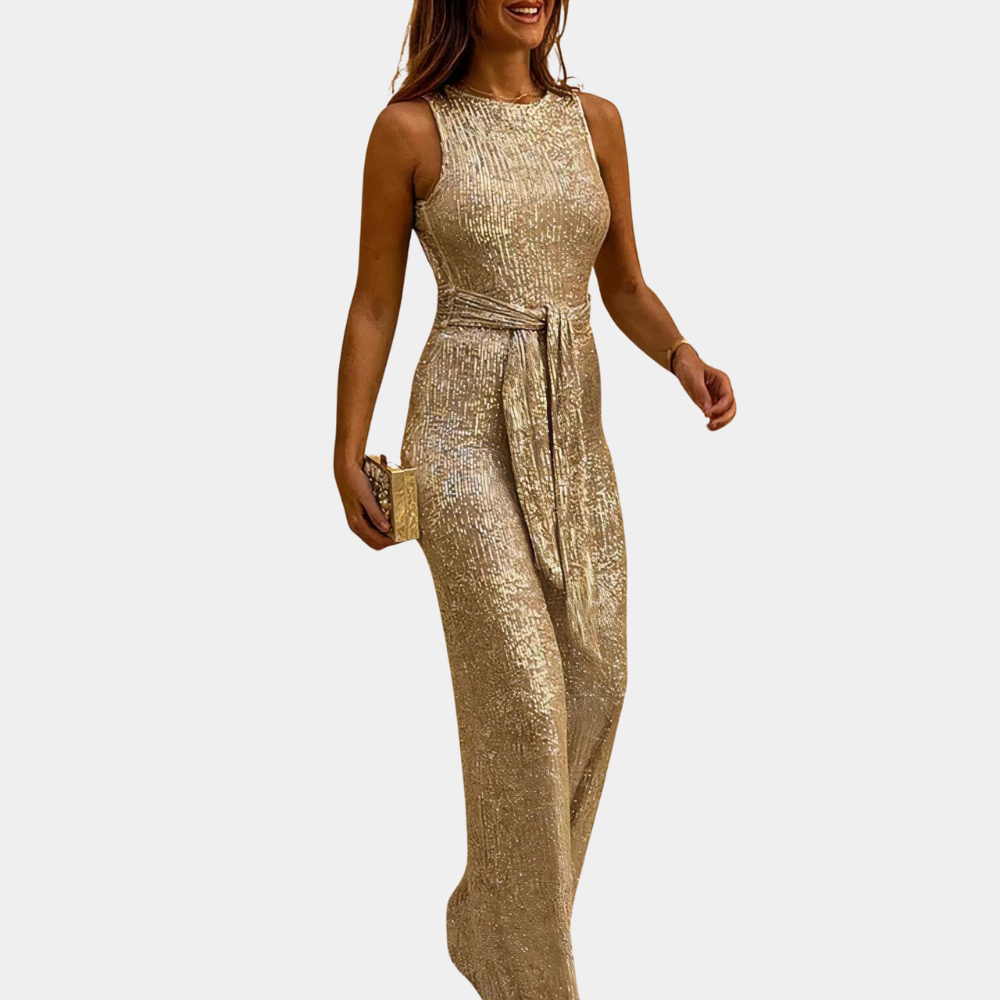 Clara glitter jumpsuit – stijlvolle dameslook met elegante pasvorm, sprankelend design en perfect voor feestelijke gelegenheden.
