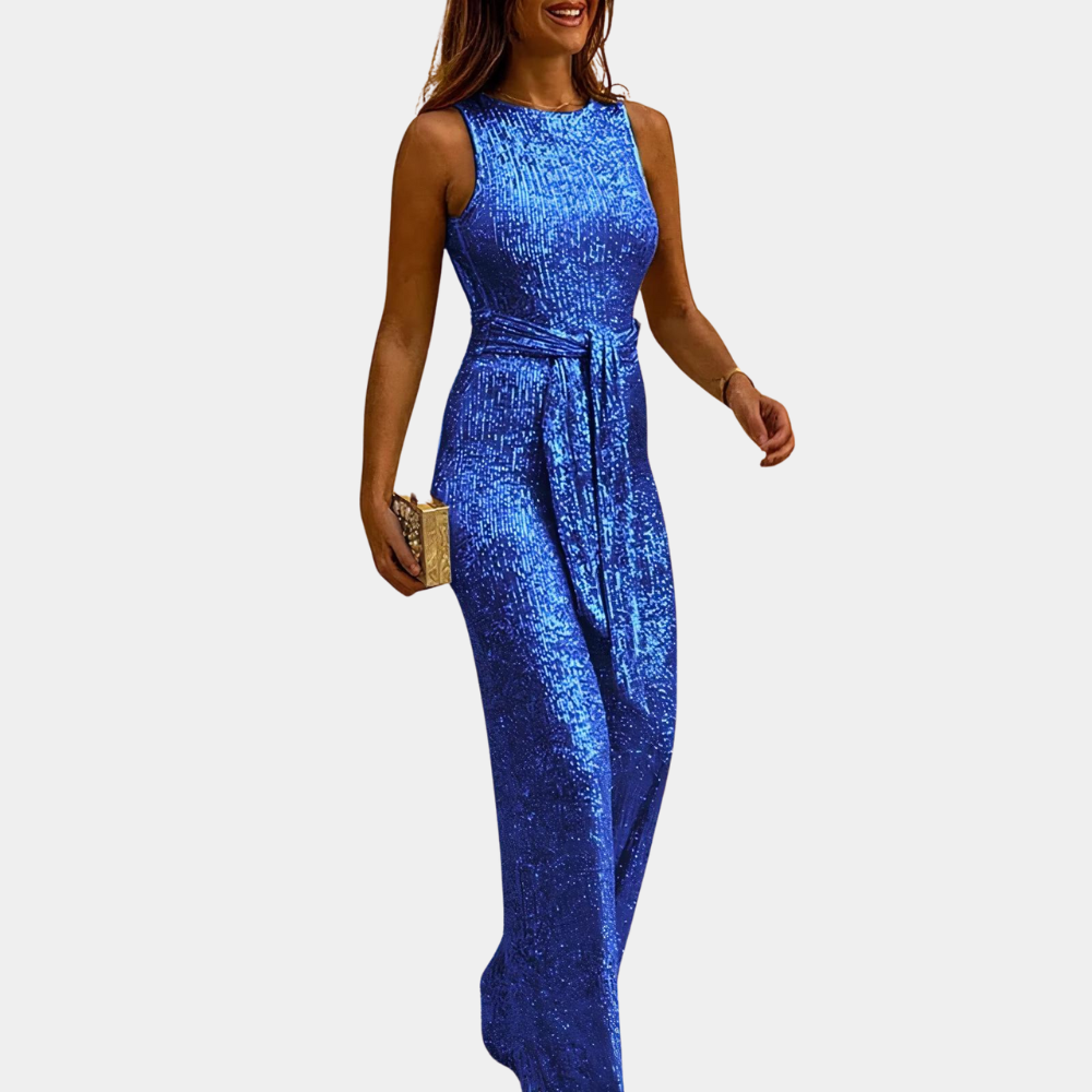 Clara glitter jumpsuit – stijlvolle dameslook met elegante pasvorm, sprankelend design en perfect voor feestelijke gelegenheden.
