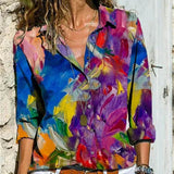 Linnen Blouse met Artistieke Print en V-Hals