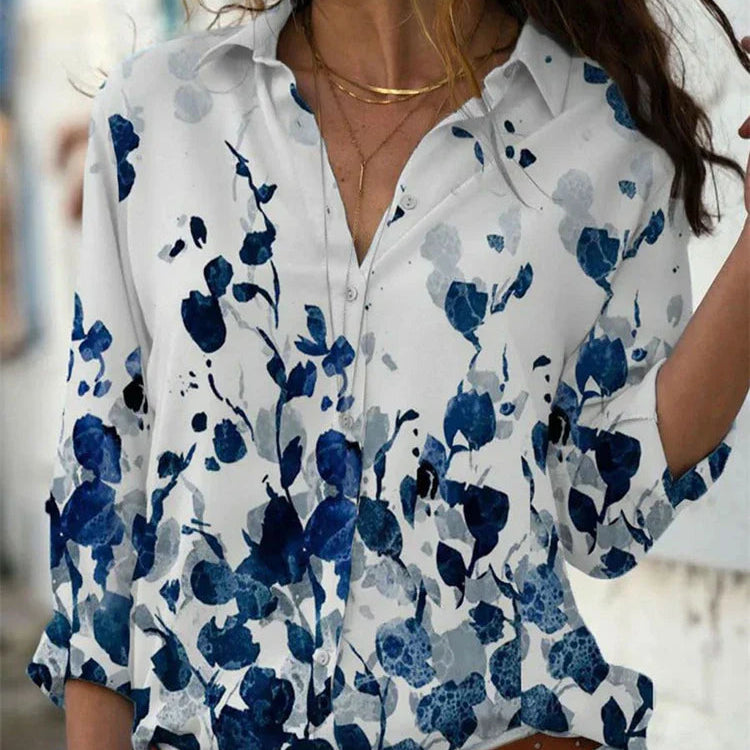 Linnen Blouse met Artistieke Print en V-Hals