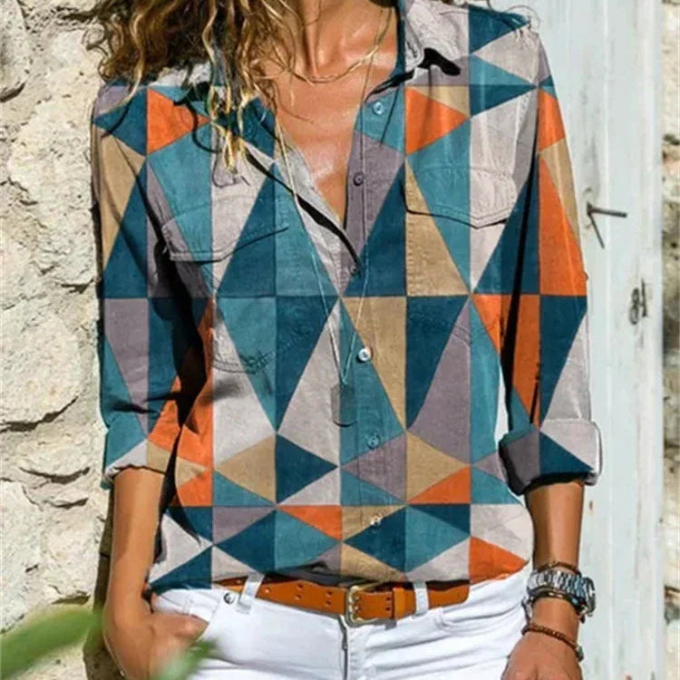 Linnen Blouse met Artistieke Print en V-Hals