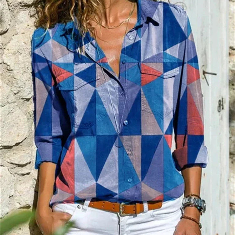Linnen Blouse met Artistieke Print en V-Hals