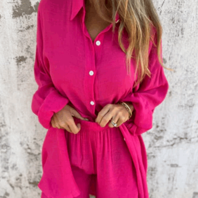 Nina luchtige blouse set – elegante damesoutfit bestaande uit een luchtige blouse en bijpassende broek, perfect voor zomerse dagen of casual uitjes.