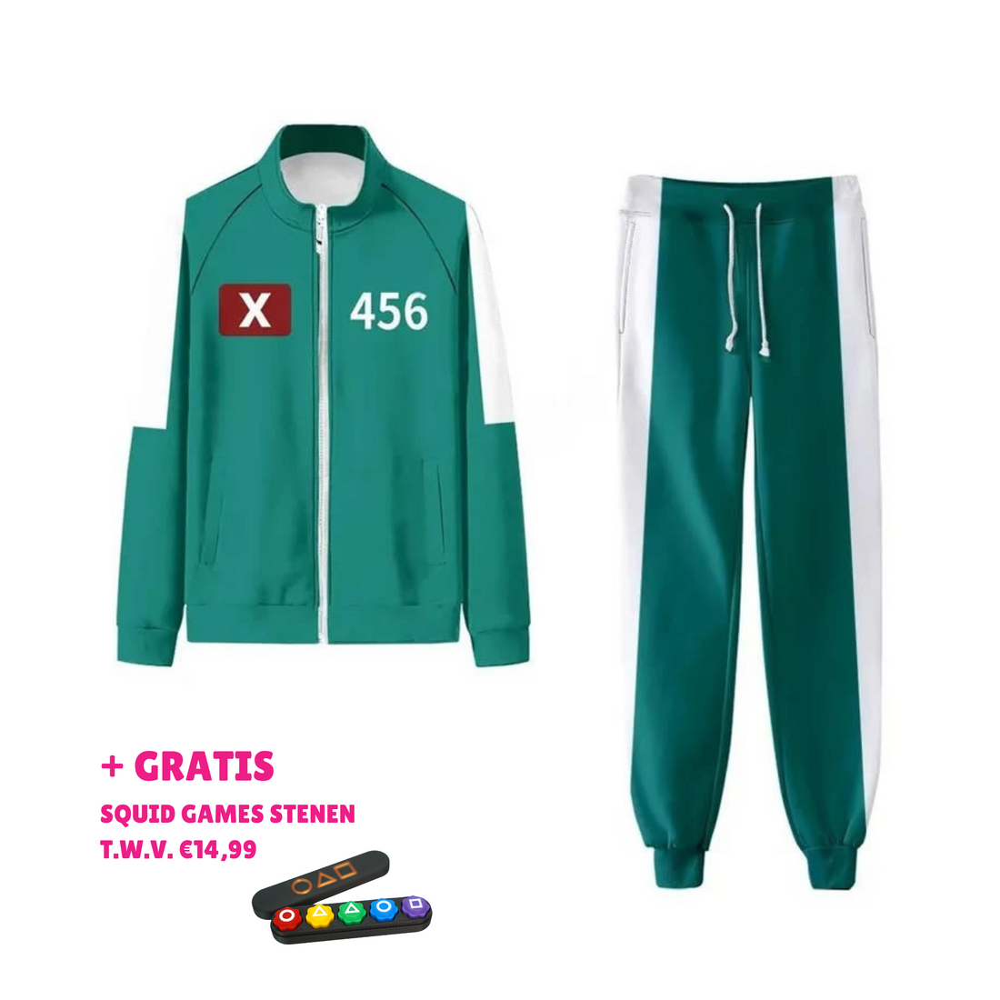 Squid Game kostuum – iconisch groen jumpsuit met nummerprint, replica van het populaire televisieserie outfit, geschikt voor cosplay en themafeesten.