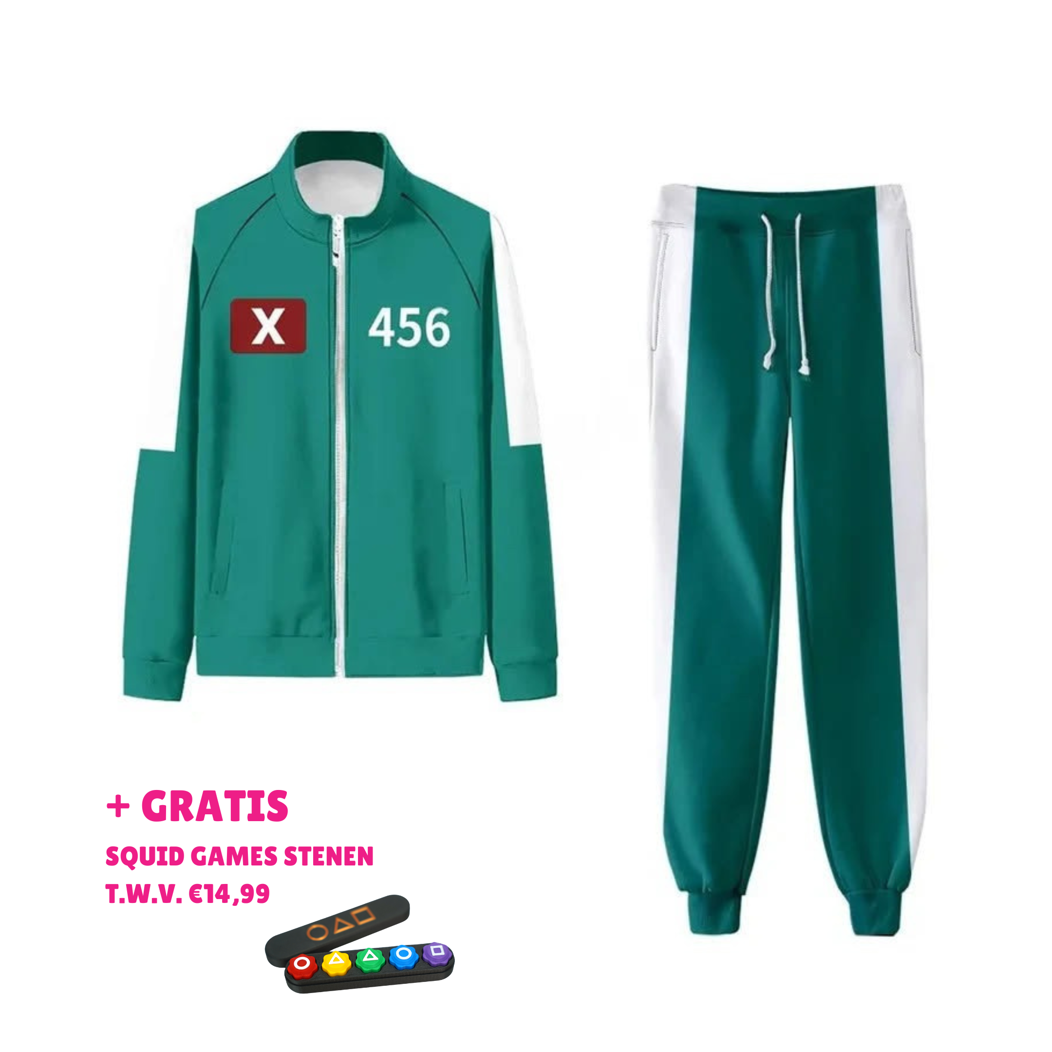 Squid Game kostuum – iconisch groen jumpsuit met nummerprint, replica van het populaire televisieserie outfit, geschikt voor cosplay en themafeesten.